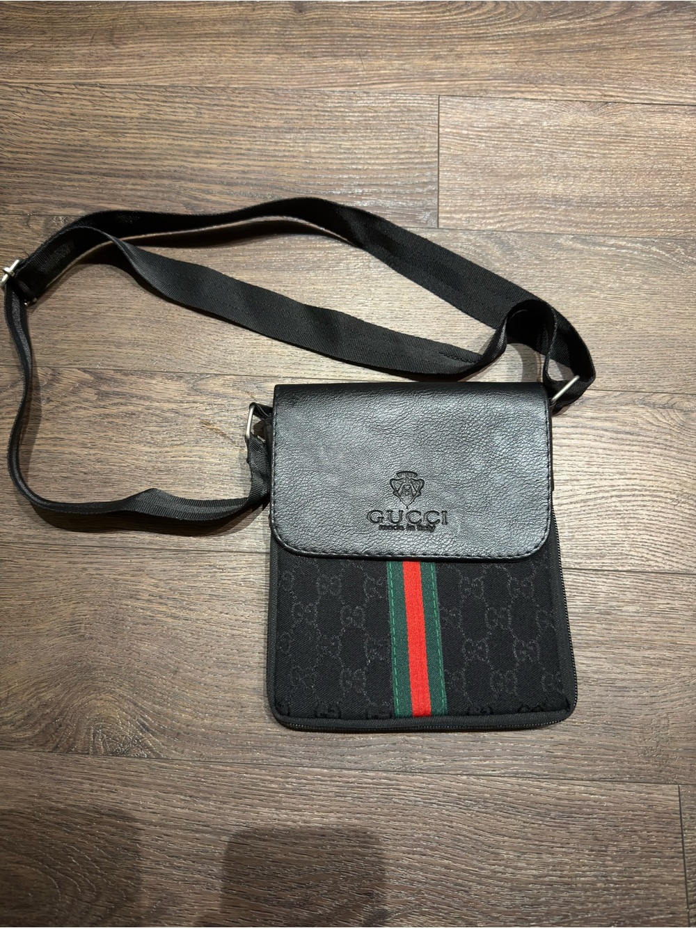 Gucci Black Crossbody Messenger with Red and Green Web NEW